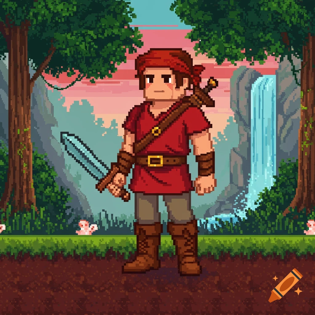 A pixel art adventurer in a red shirt and bandana, holding a sword, stands in a forest with a waterfall.