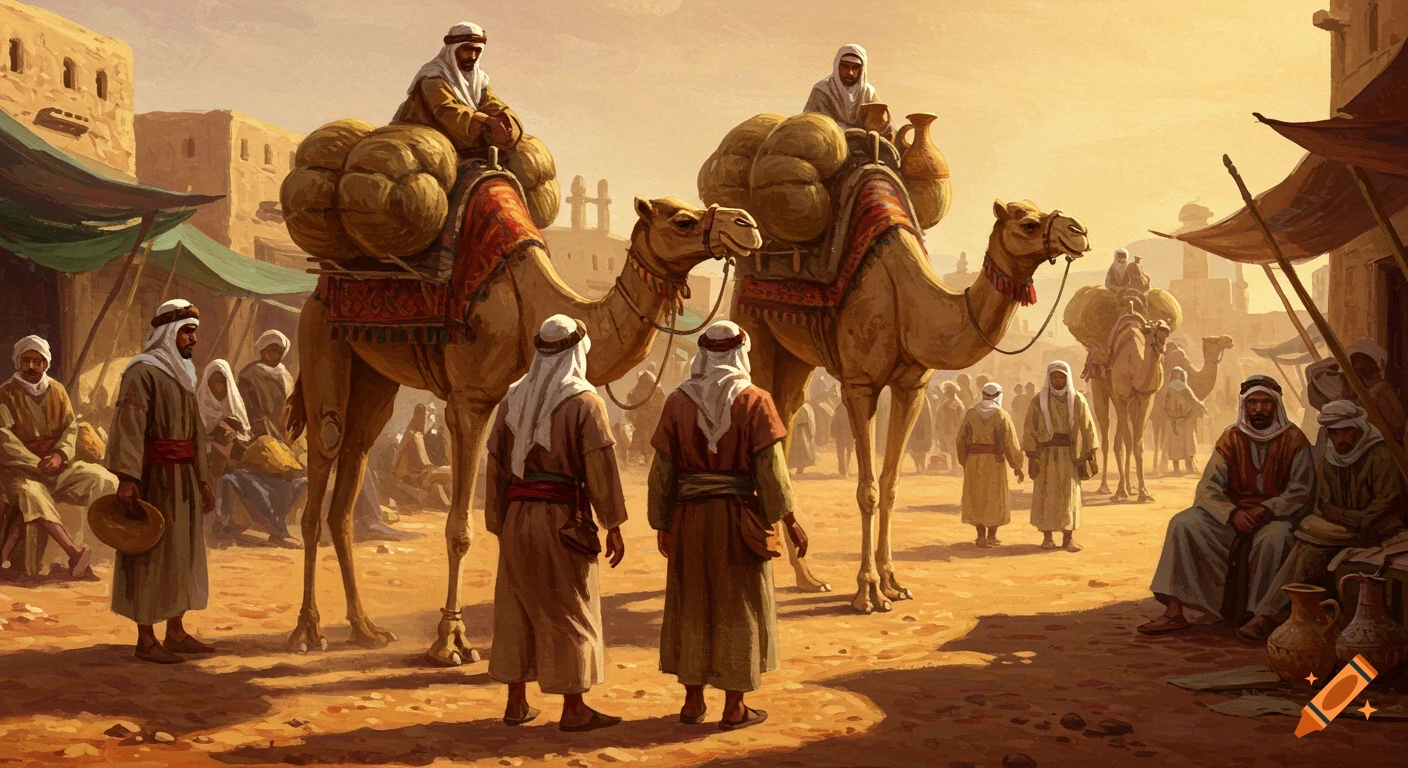 A semi-realistic gouache painting depicts a bustling pre-Islamic Arabian desert marketplace with merchants and laden camels.