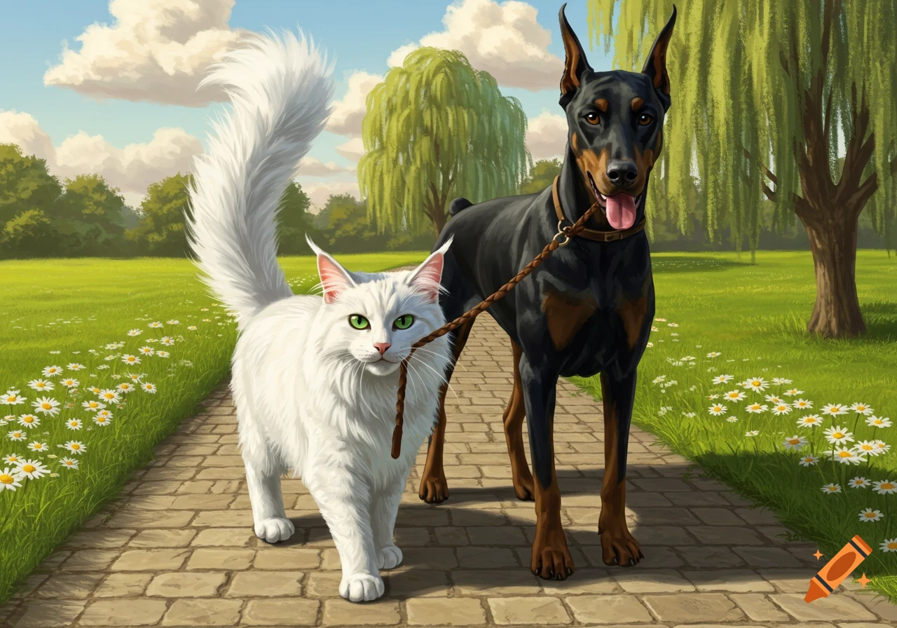 A white fluffy cat walks a black Doberman dog on a leash held in its mouth, on a path in a sunny park. Digital art.