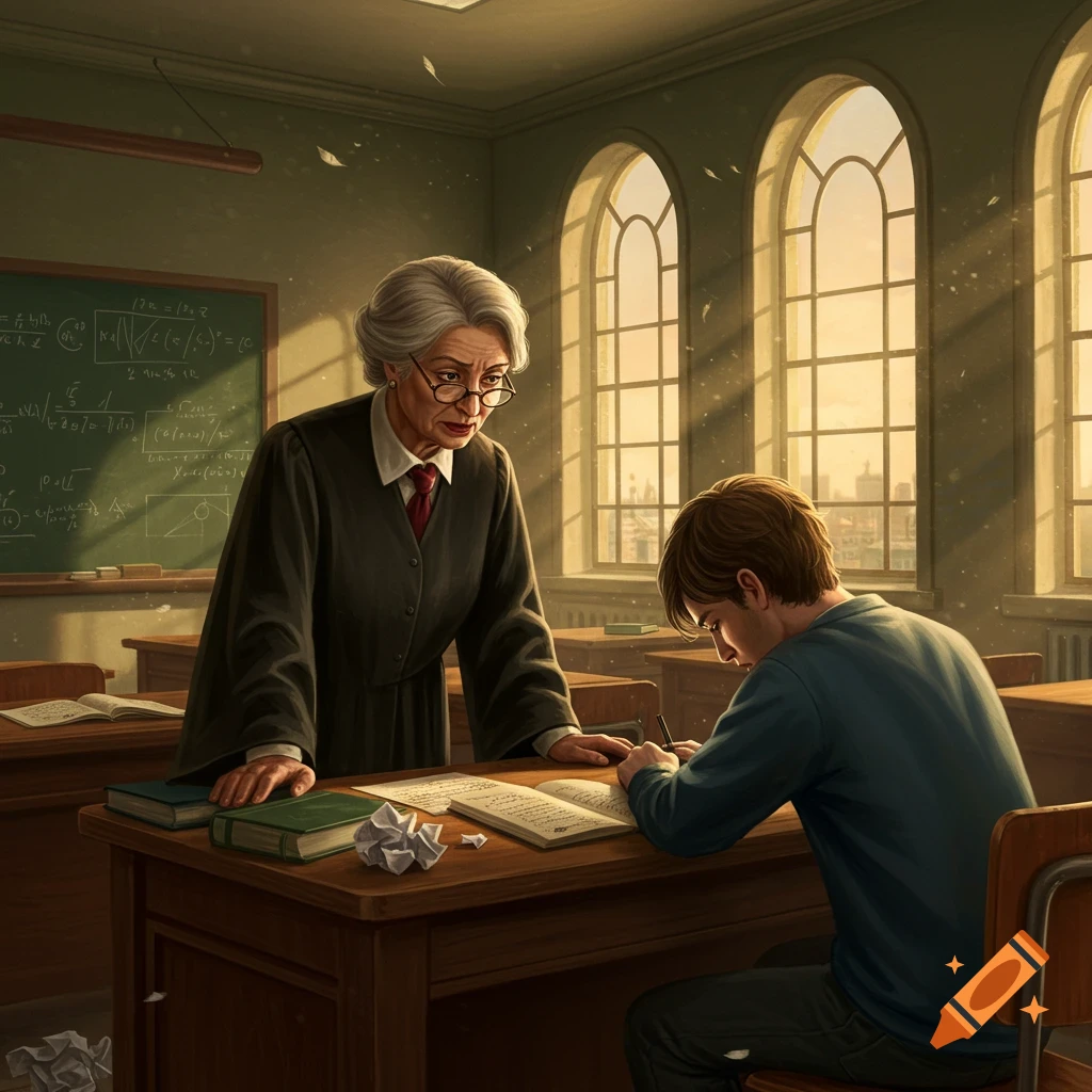 An older female teacher in a black robe and glasses stands over a young male student writing at a desk in a sunlit classroom. She looks stern, while he concentrates. A chalkboard with illegible writing is in the background.