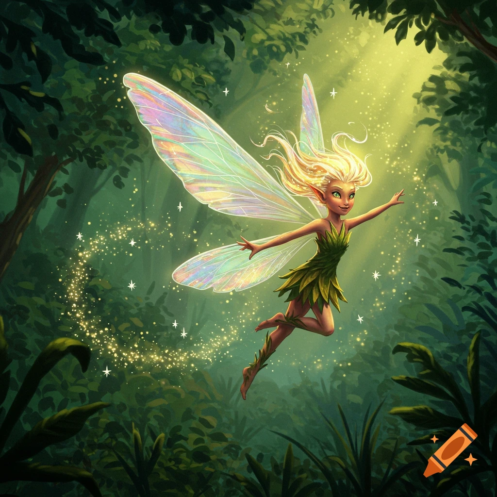 A blonde fairy with iridescent wings and a leaf dress floats gracefully through a sunlit, mystical green forest, leaving a trail of sparkling dust.