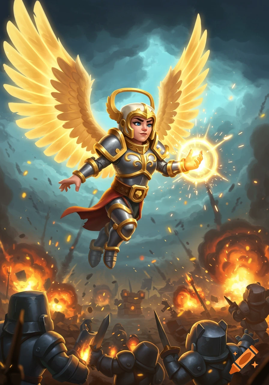 A cartoonish battle healer with golden wings, armor, and a halo flies above a stylized battleground, conjuring light.