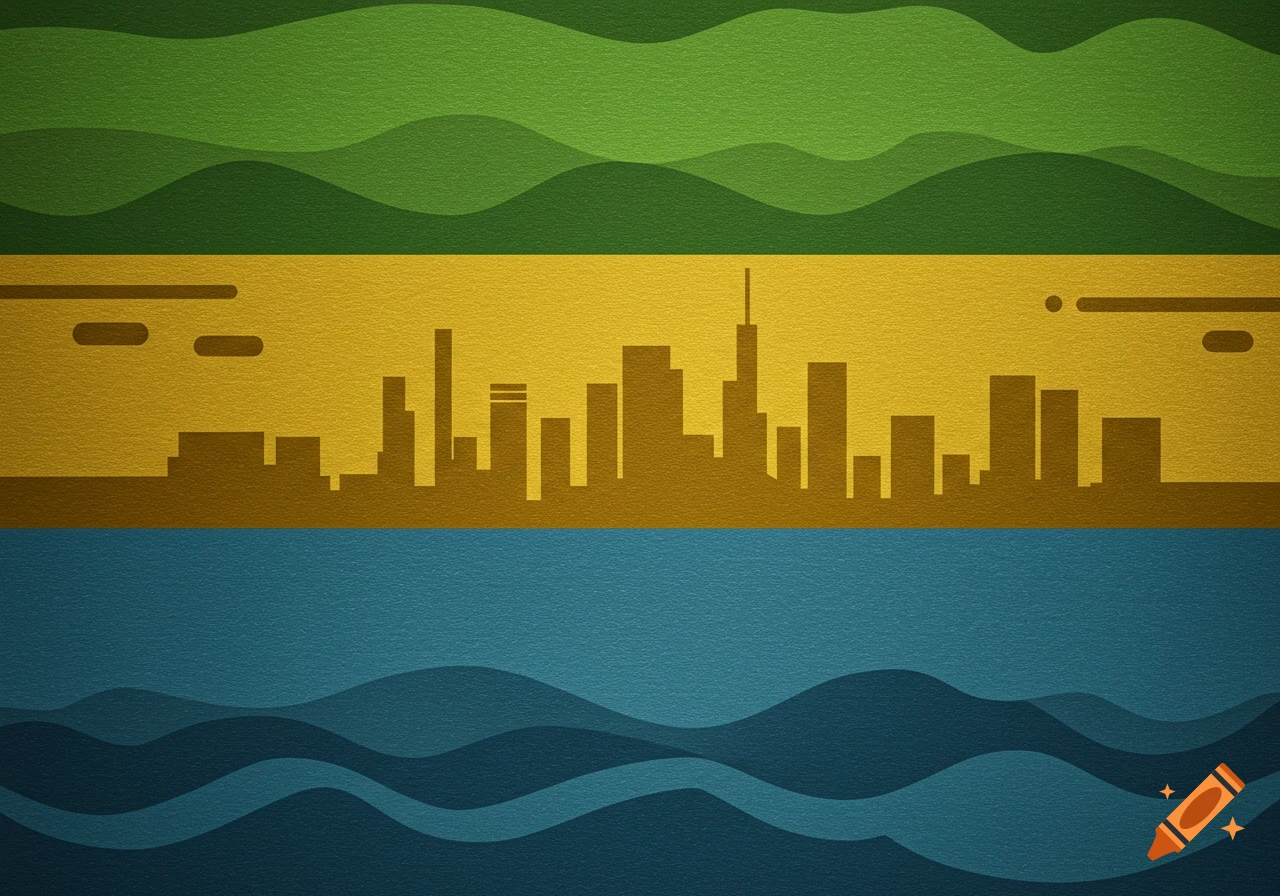 A stylized flag with three horizontal bands: green rolling hills, a golden city silhouette, and blue ocean waves, all with a subtle textured effect.