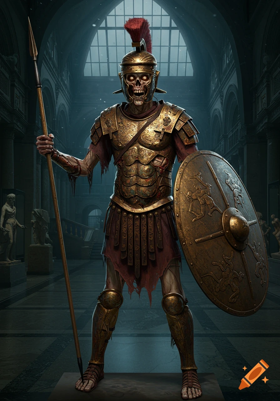 A full-body shot of a zombie Roman soldier with a skeletal face, glowing eyes, and rusted golden armor, holding a spear and shield in a dark museum.
