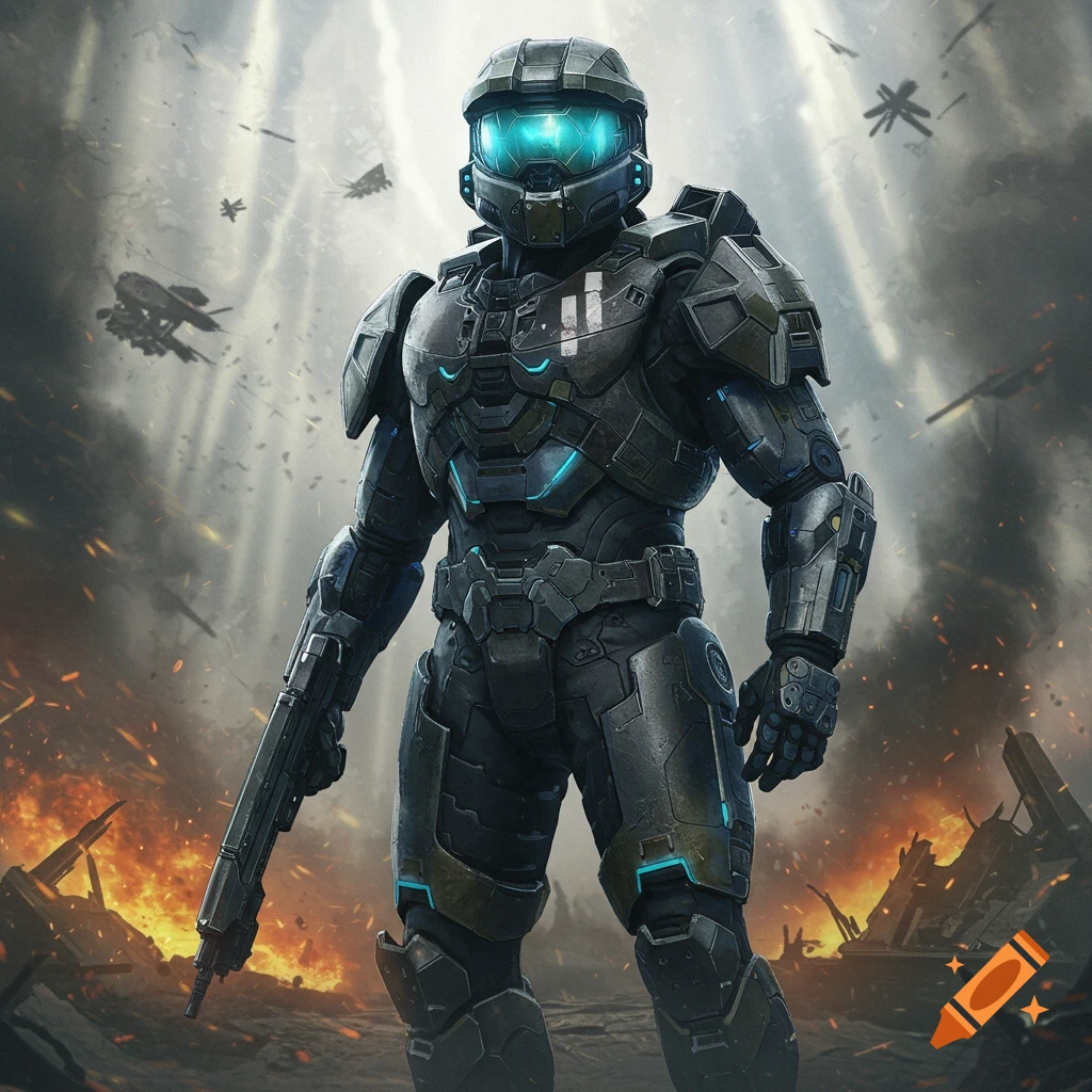 A futuristic soldier in dark grey and blue power armor holds a rifle amidst a smoky, battle-damaged landscape with explosions and debris.