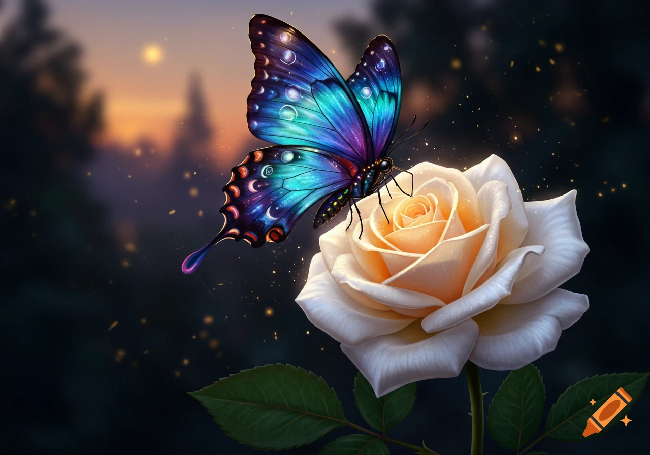 A fantastical blue and purple butterfly with sparkling wings rests on a glowing white rose at sunset, with golden specks.
