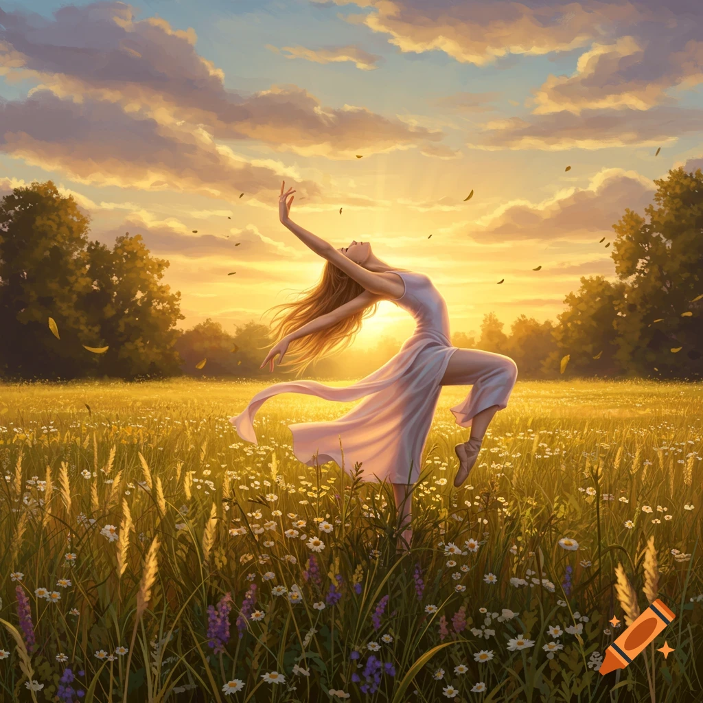 A woman in a flowing white dress dances gracefully in a sunlit field of wildflowers at sunset, with golden light and scattered leaves.