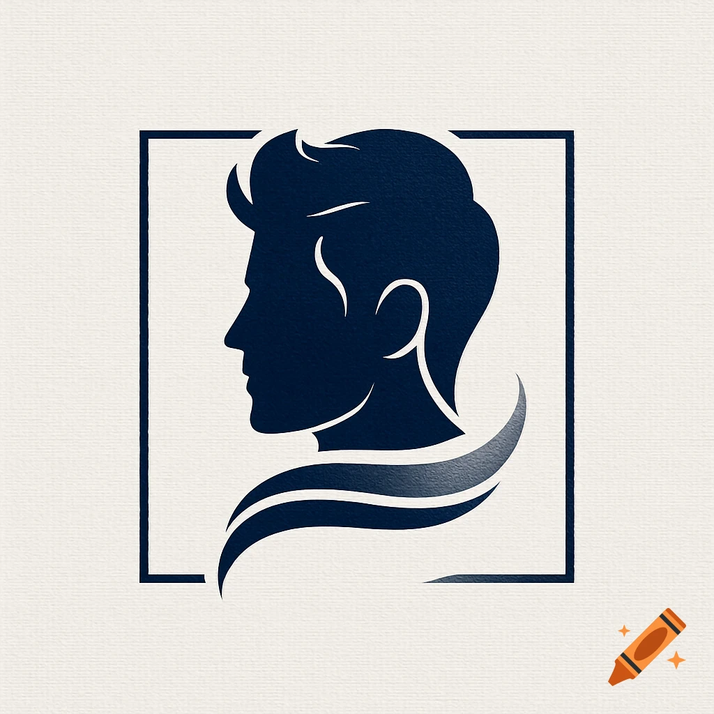 Stylized dark blue silhouette logo of a man's head in profile with wavy hair, framed on a textured off-white background.
