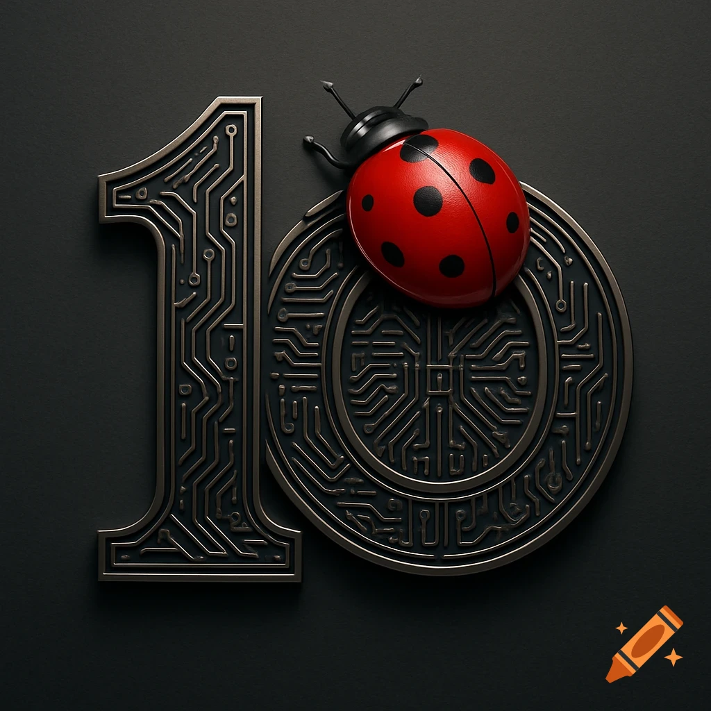 A metallic, circuit-patterned number 10 with a red ladybug resting on the zero, against a dark background.