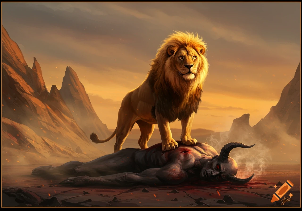 Triumphant lion stands on a defeated demon in a barren, rocky landscape at sunset, fantasy digital painting.