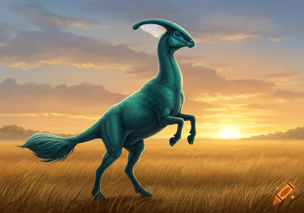 A teal, horse-like Parasaurolophus stands on two legs in a sunlit field at sunset.