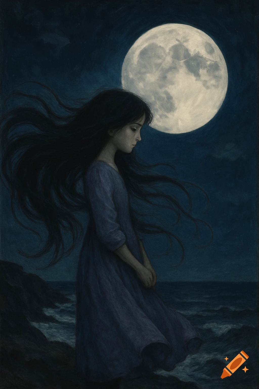 A melancholic illustration of a girl with long dark hair by the wavy sea at night, gazing at a large full moon.