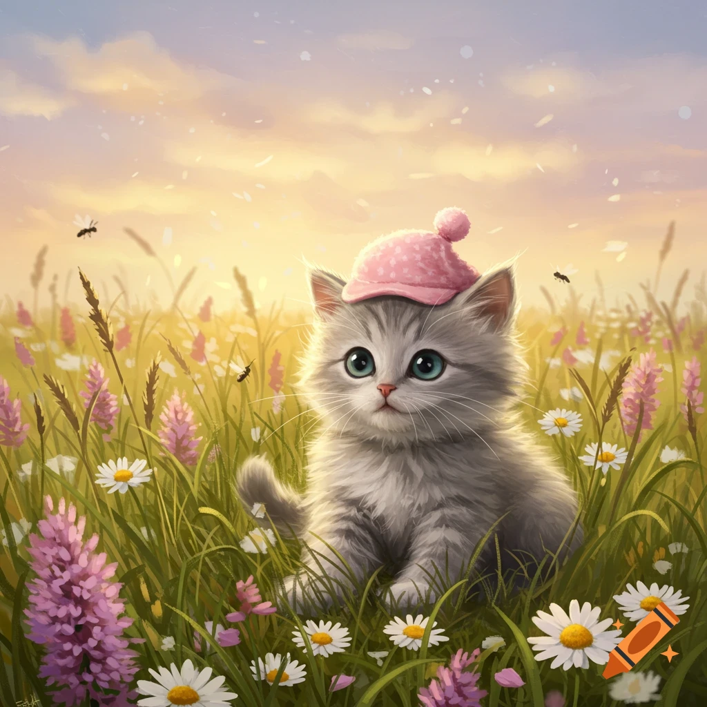 A cute grey kitten wearing a pink bobble hat sits in a vibrant field of green grass and colorful flowers under a warm, cloudy sky.