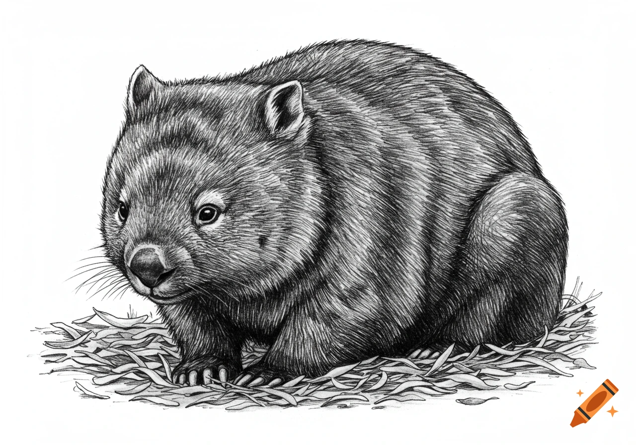 A detailed black and white pen and ink drawing of a wombat sitting on a bed of leaves, facing left.
