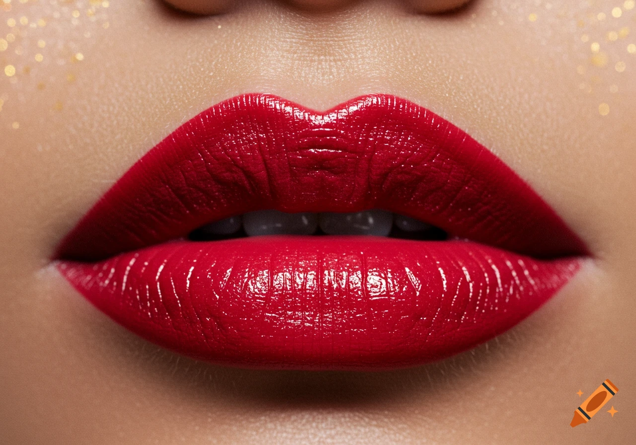 Close-up of glossy scarlet red lips with subtle gold glitter on the skin.