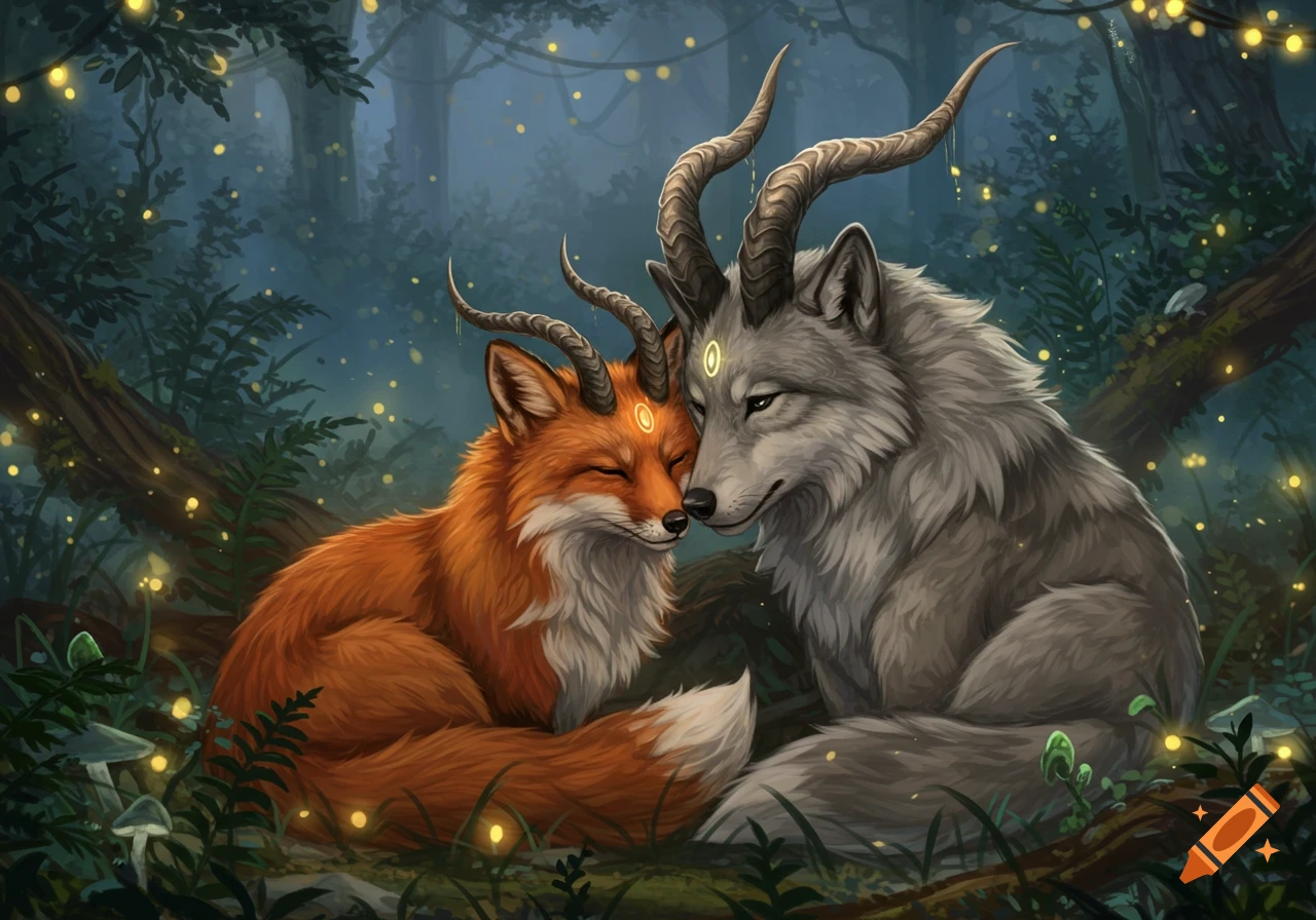 A horned red fox and a horned gray wolf snuggle in a dark, mystical forest with glowing lights, digital painting.