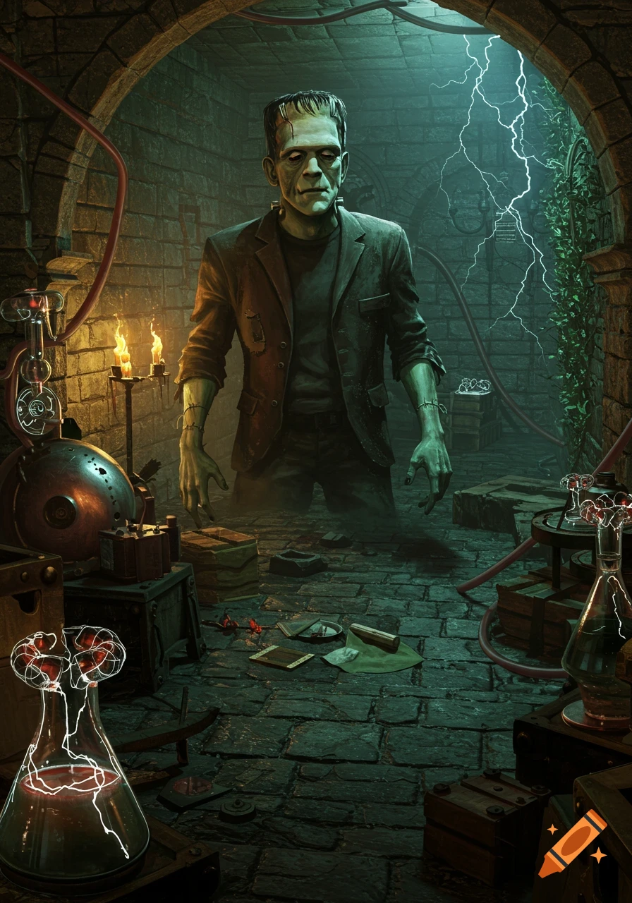Frankenstein's monster stands imposingly in a gothic chamber filled with glowing scientific equipment and lightning.
