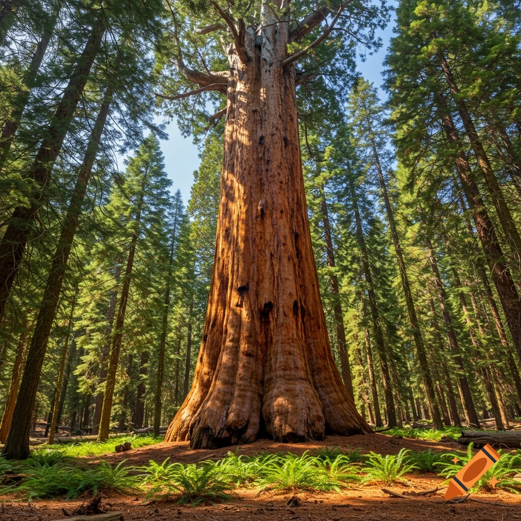 A low-angle shot of a colossal giant sequoia tree with reddish-brown bark, towering over a forest floor covered in ferns, with sunlight filtering through the canopy.
