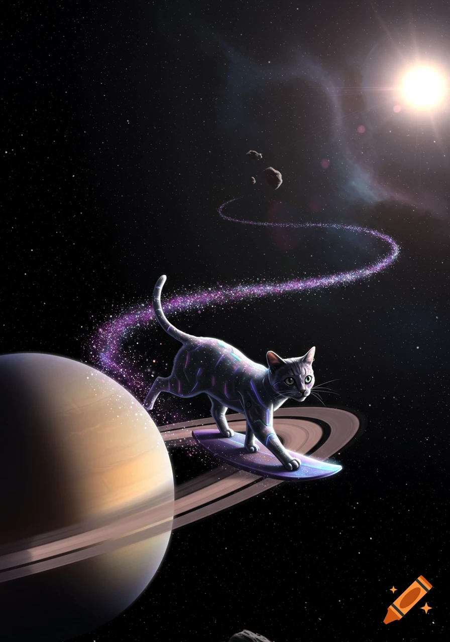 A grey cat surfs a glowing purple board past Saturn in space, leaving a sparkling purple trail.