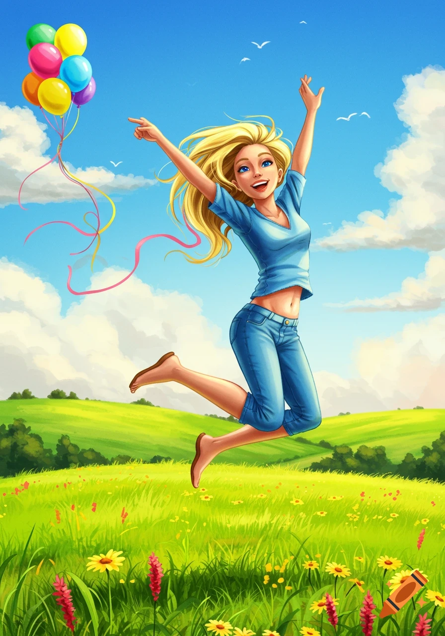 A happy blonde girl jumps barefoot in a sunny green field, holding a colorful bunch of balloons.
