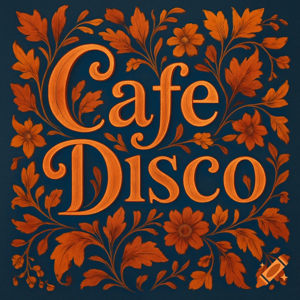 Orange 'Cafe Disco' text intertwined with fall floral patterns on a navy blue background, in a decorative graphic style.