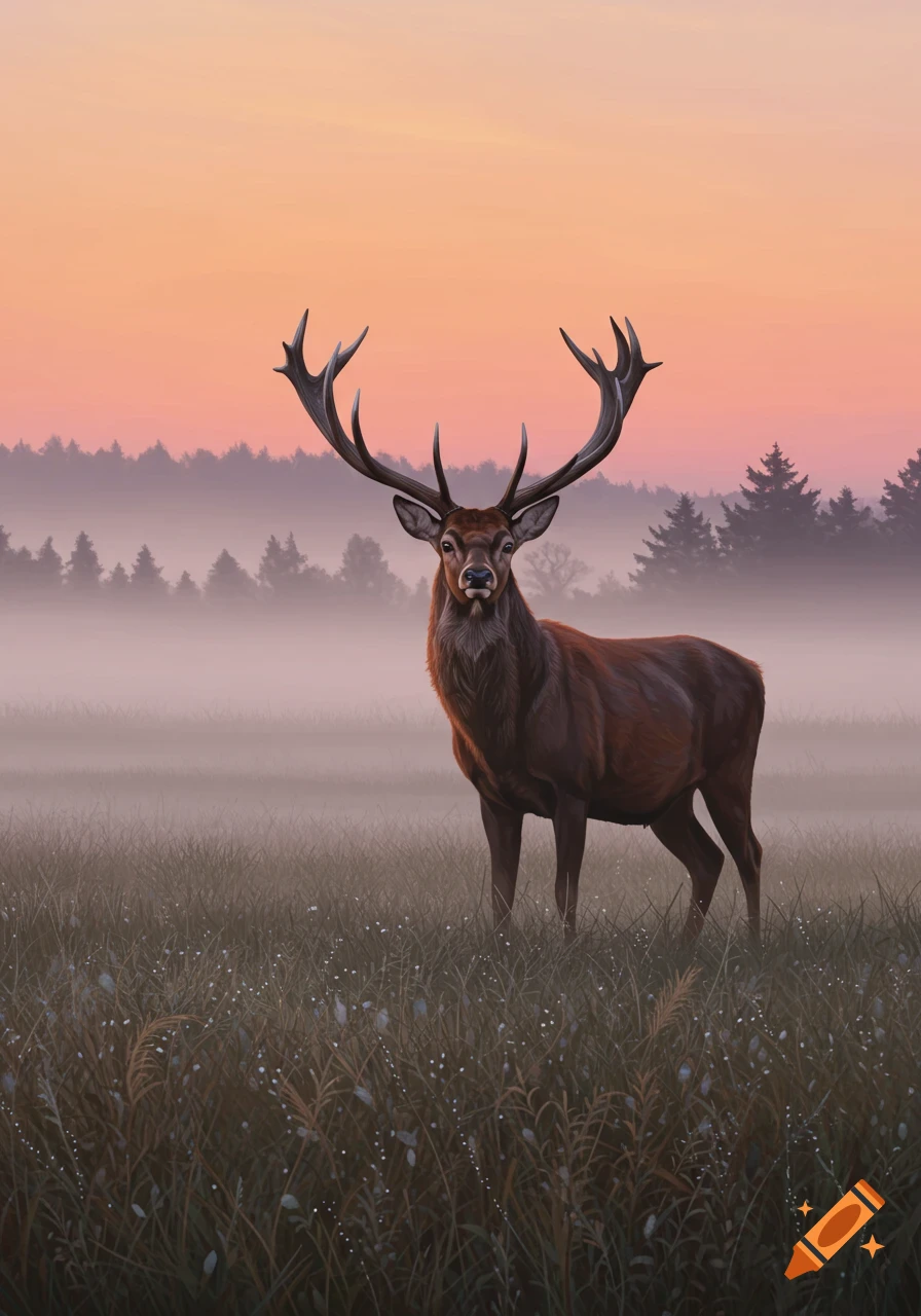 A majestic buck stands in a misty field with a colorful sunrise/sunset sky and trees in the background.