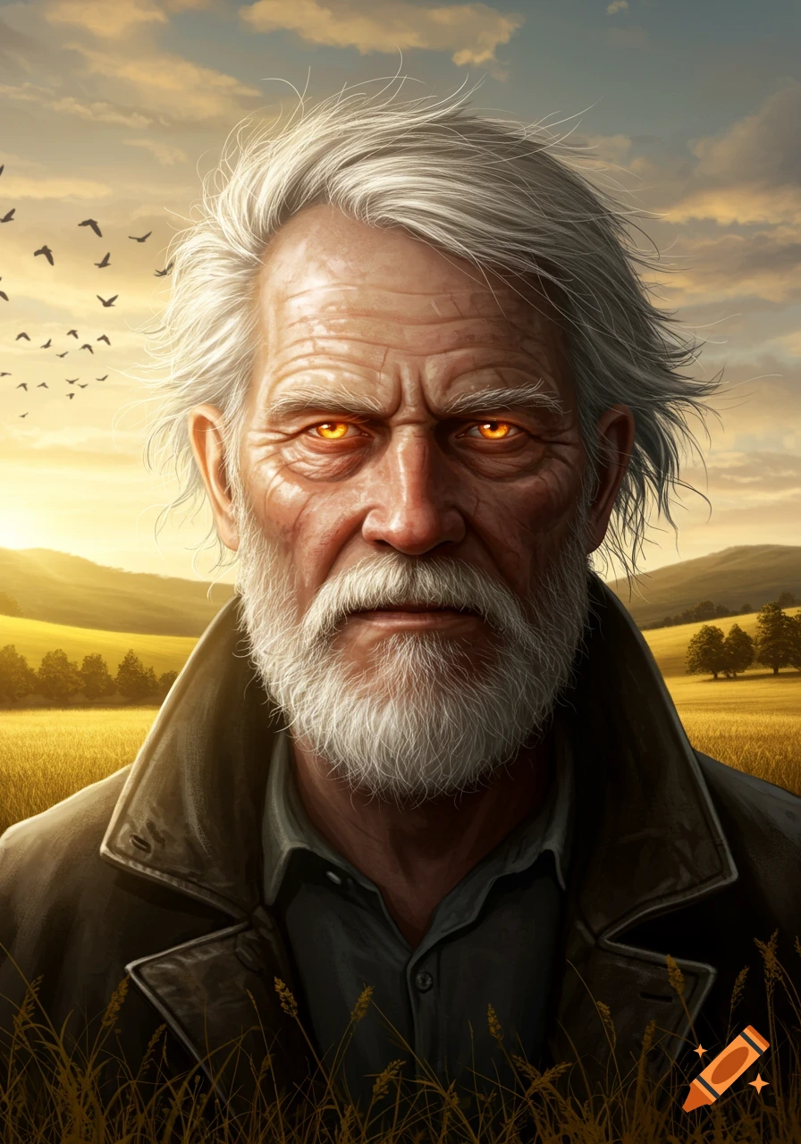 Digital art portrait of an old man with glowing orange eyes, white hair, and beard in a golden field.