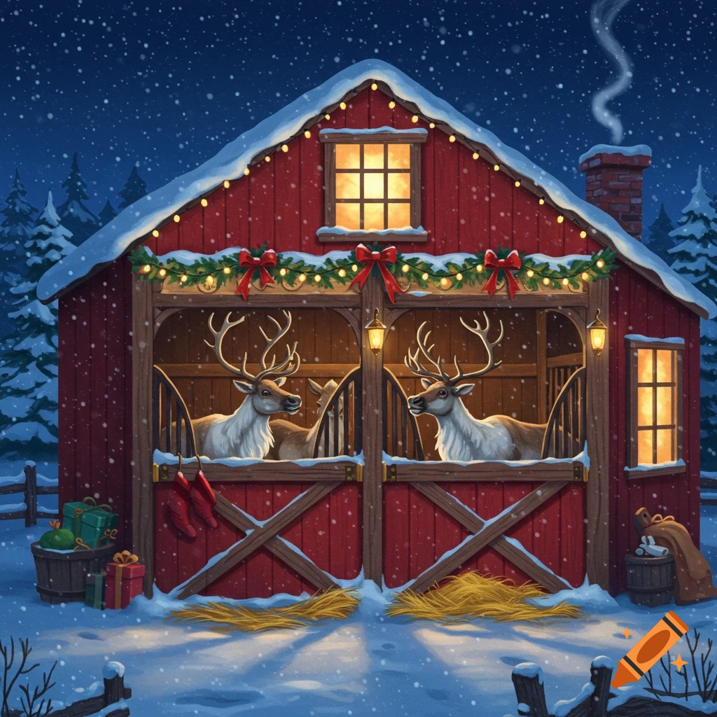 An illustration of a decorated red barn with reindeer inside on a snowy Christmas night.