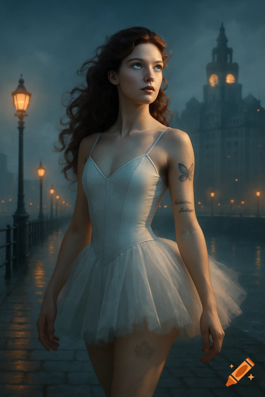 A ballerina in a white tutu and leotard stands on a wet city street at night, looking up. Streetlights glow, and a distant building with illuminated windows is visible.