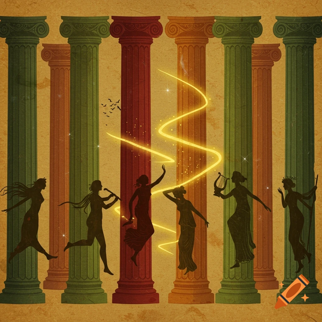 Vintage illustration of silhouettes of muses dancing and playing instruments among colorful classical columns with a golden light streak.