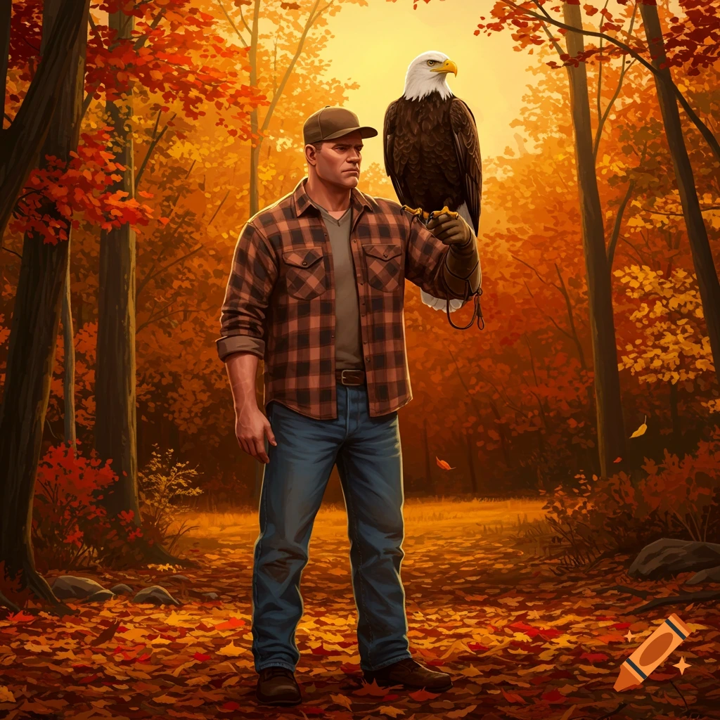 A man in a plaid shirt and cap stands in an autumn forest, holding a bald eagle on his gloved hand.