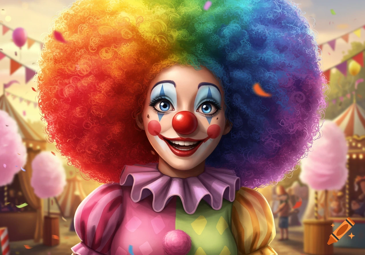 Close-up of a smiling female clown with a round red nose and a huge rainbow Afro, at a vibrant carnival.