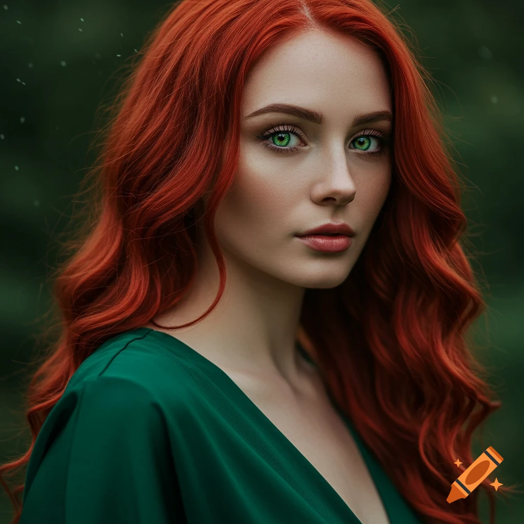 Portrait of a young woman with wavy crimson red hair and striking green eyes, wearing a silky green dress, with a blurred dark green background.