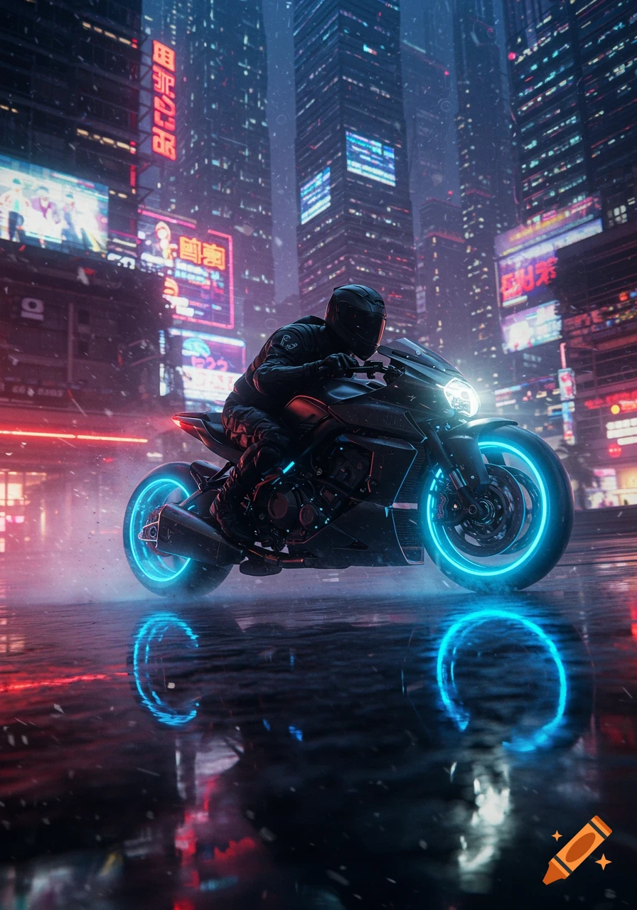 A futuristic motorcycle with glowing blue wheels speeds through a rainy, neon-lit cyberpunk city at night.