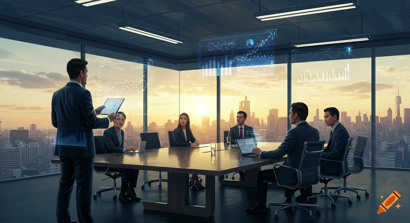 A business presentation in a modern boardroom with holographic displays, overlooking a city skyline at sunset.