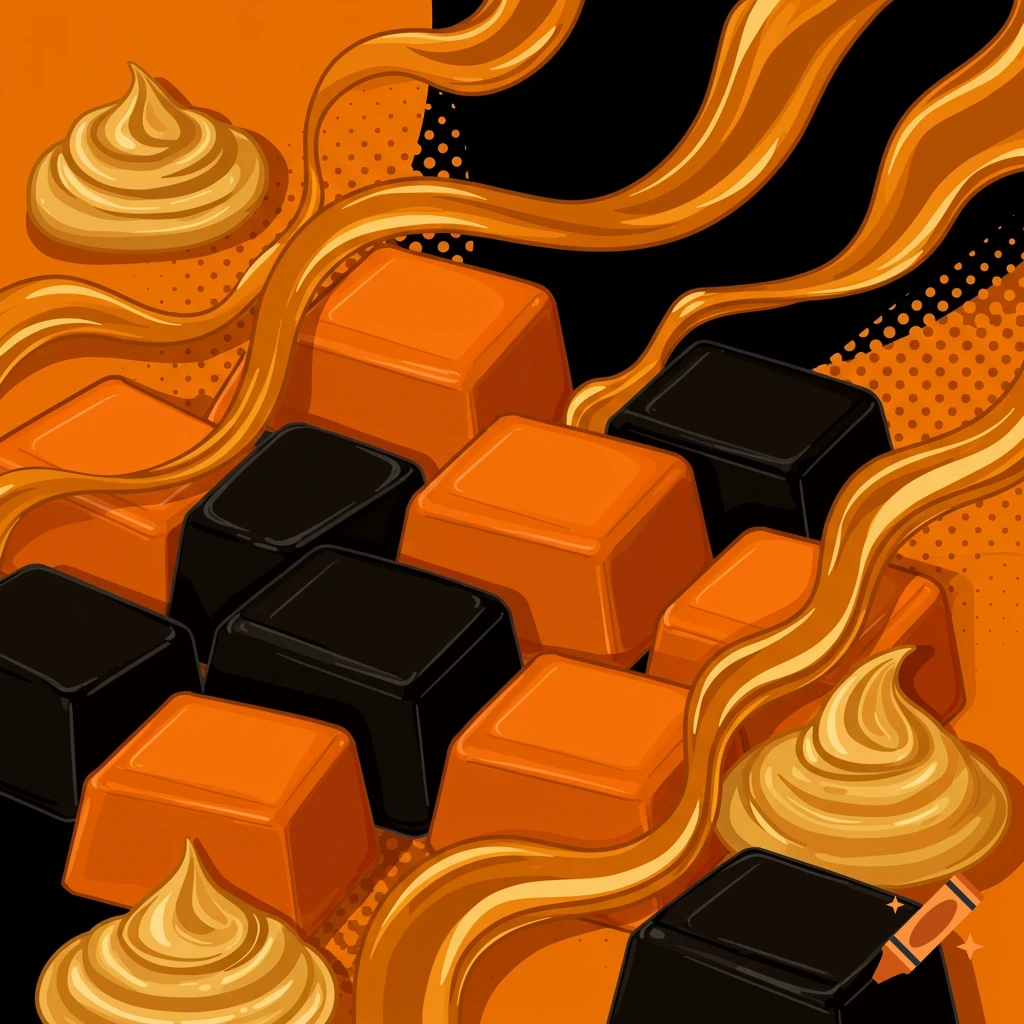 Pop art illustration of orange and black square candies, swirls of golden caramel, and peanut butter on an orange and black background.