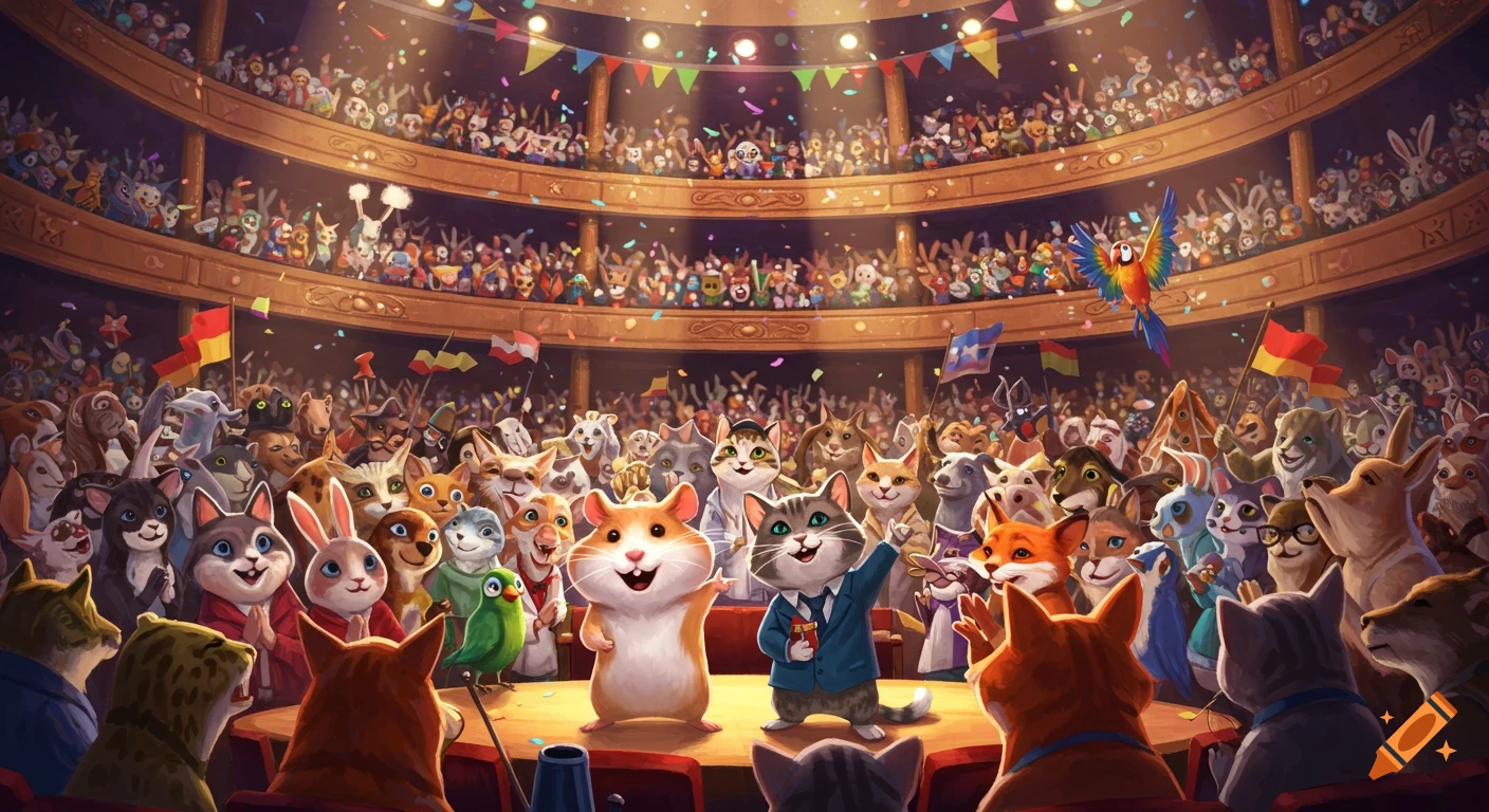 Cartoon hamster and cat perform on stage for a cheering animal audience in a grand concert hall with confetti.