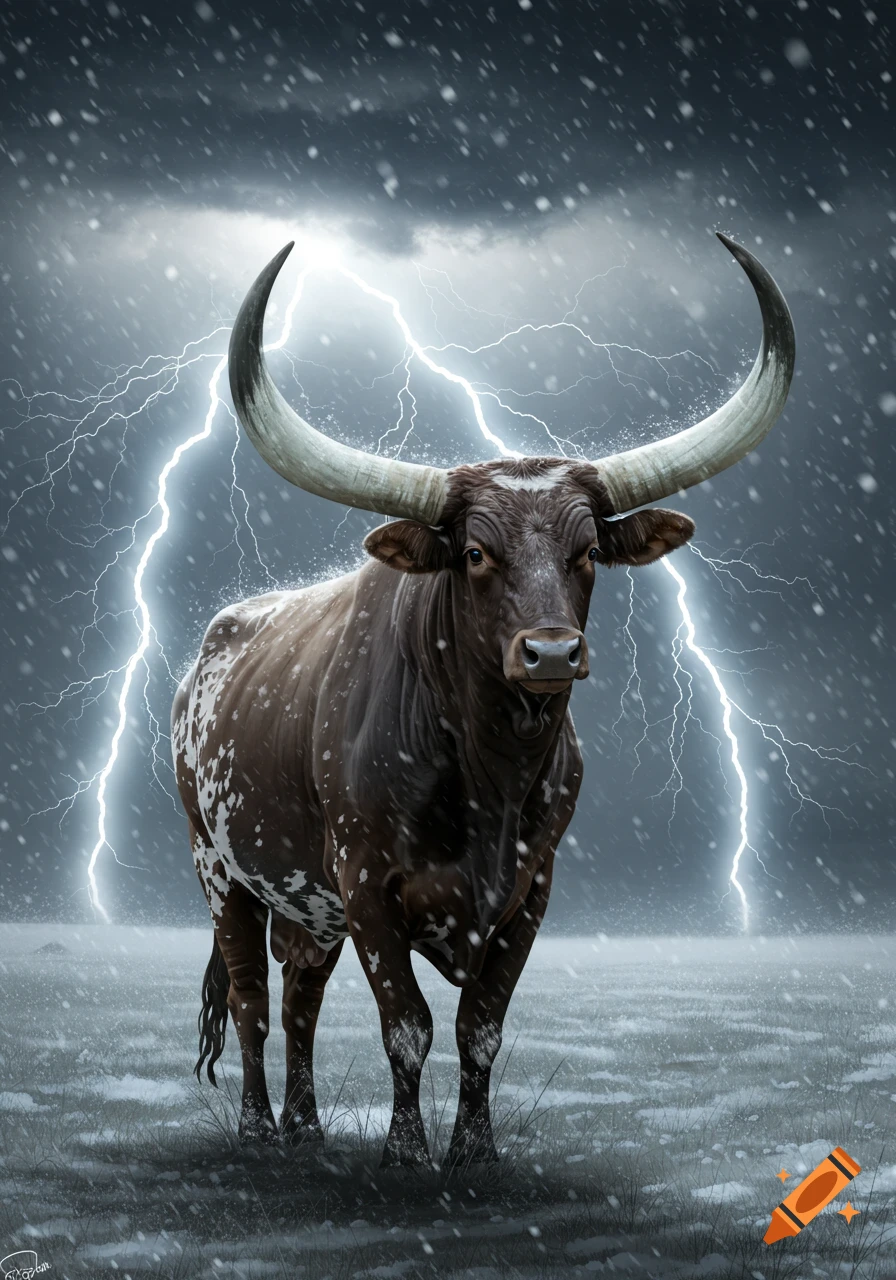 A majestic Watusi bull with large horns stands in a snowy field with lightning striking behind it under a stormy sky, photorealistic.