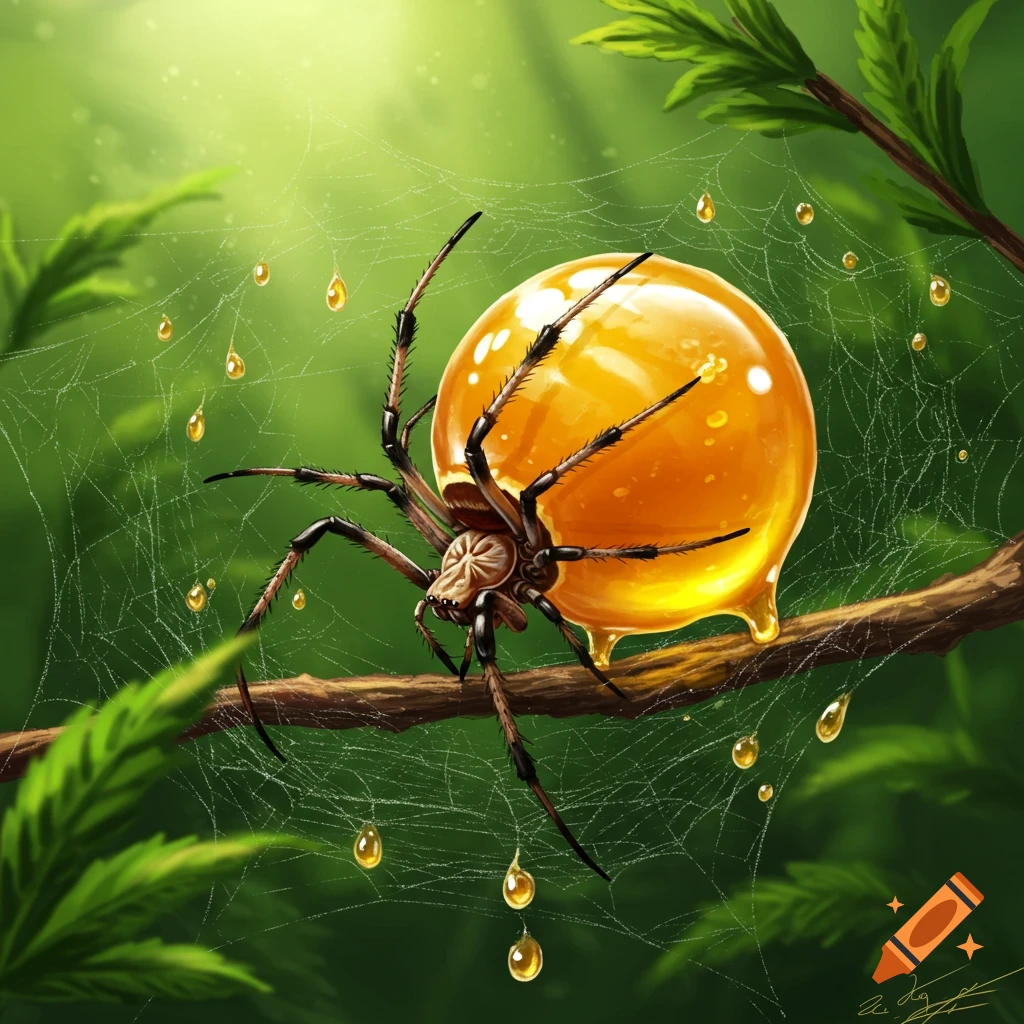 A large spider with a glowing, honey-filled abdomen rests on a branch amidst dewy spiderwebs, set against a vibrant green forest background.
