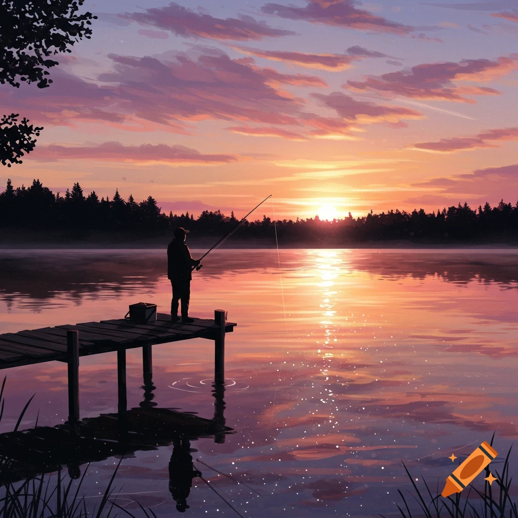 A stylized illustration of a person fishing from a wooden dock on a serene lake at sunset, with vibrant orange and purple sky.