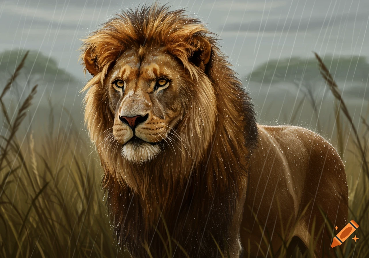 A majestic lion with a golden mane stands in tall grass during a rain shower, water droplets on its fur.