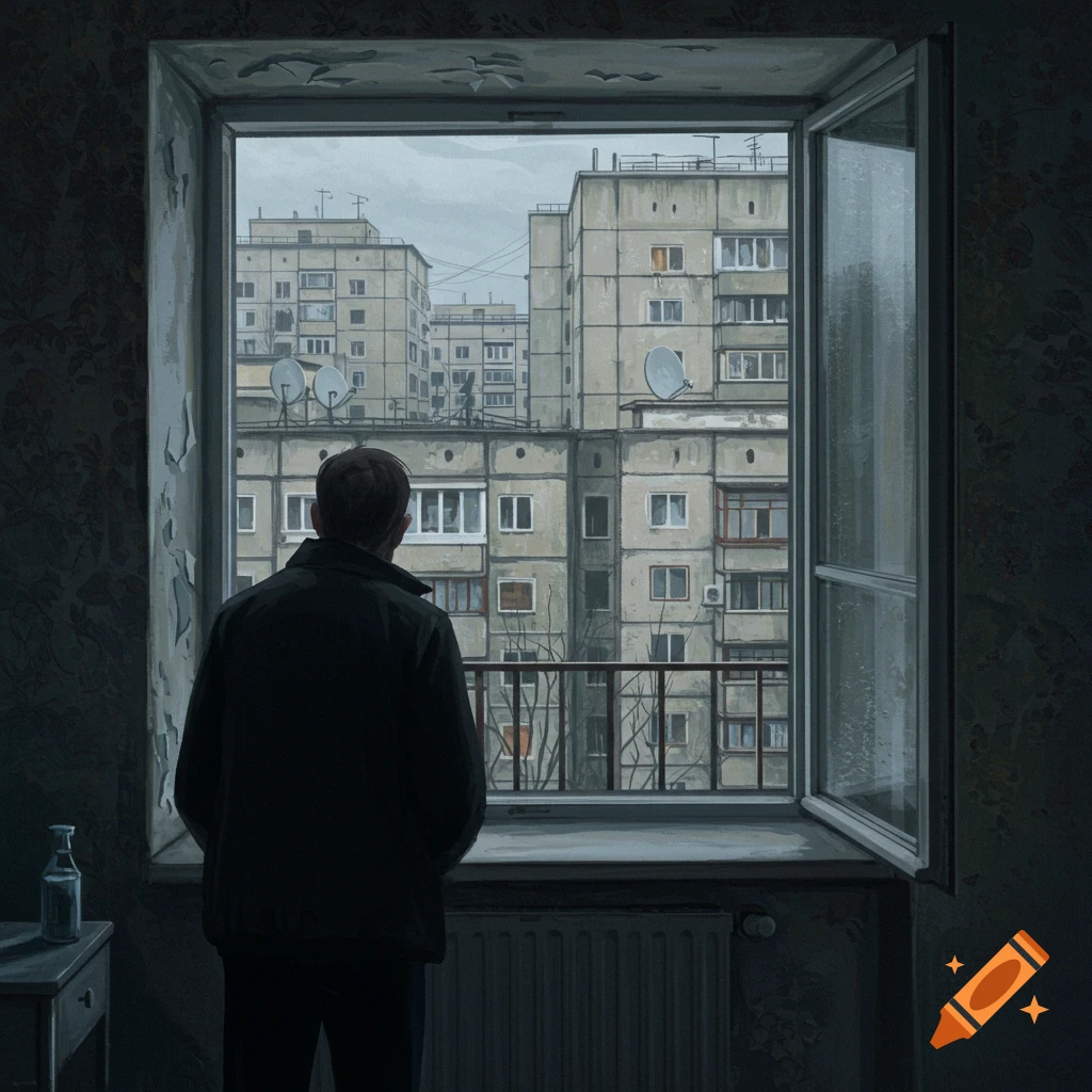 A man stands with his back to the viewer, looking out a window at a dreary, dense Soviet-era cityscape in a stylized illustration.