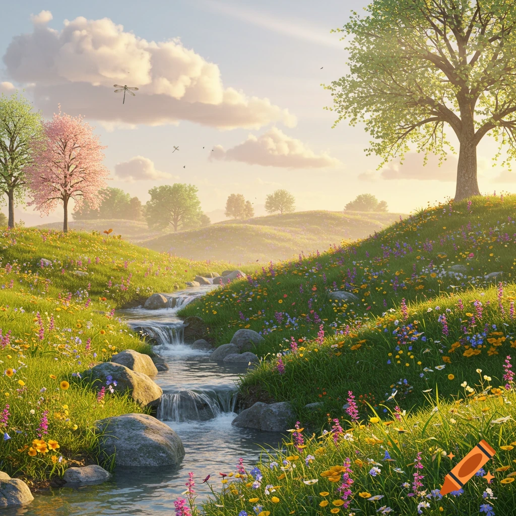 A vibrant natural landscape with a winding stream, lush green hills covered in colorful wildflowers, and trees under a bright sky.