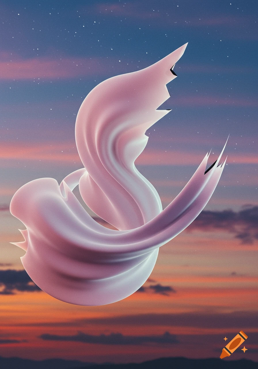 A flowing, abstract pink and white ribbon-like form with jagged edges floats against a gradient sunset sky with stars.