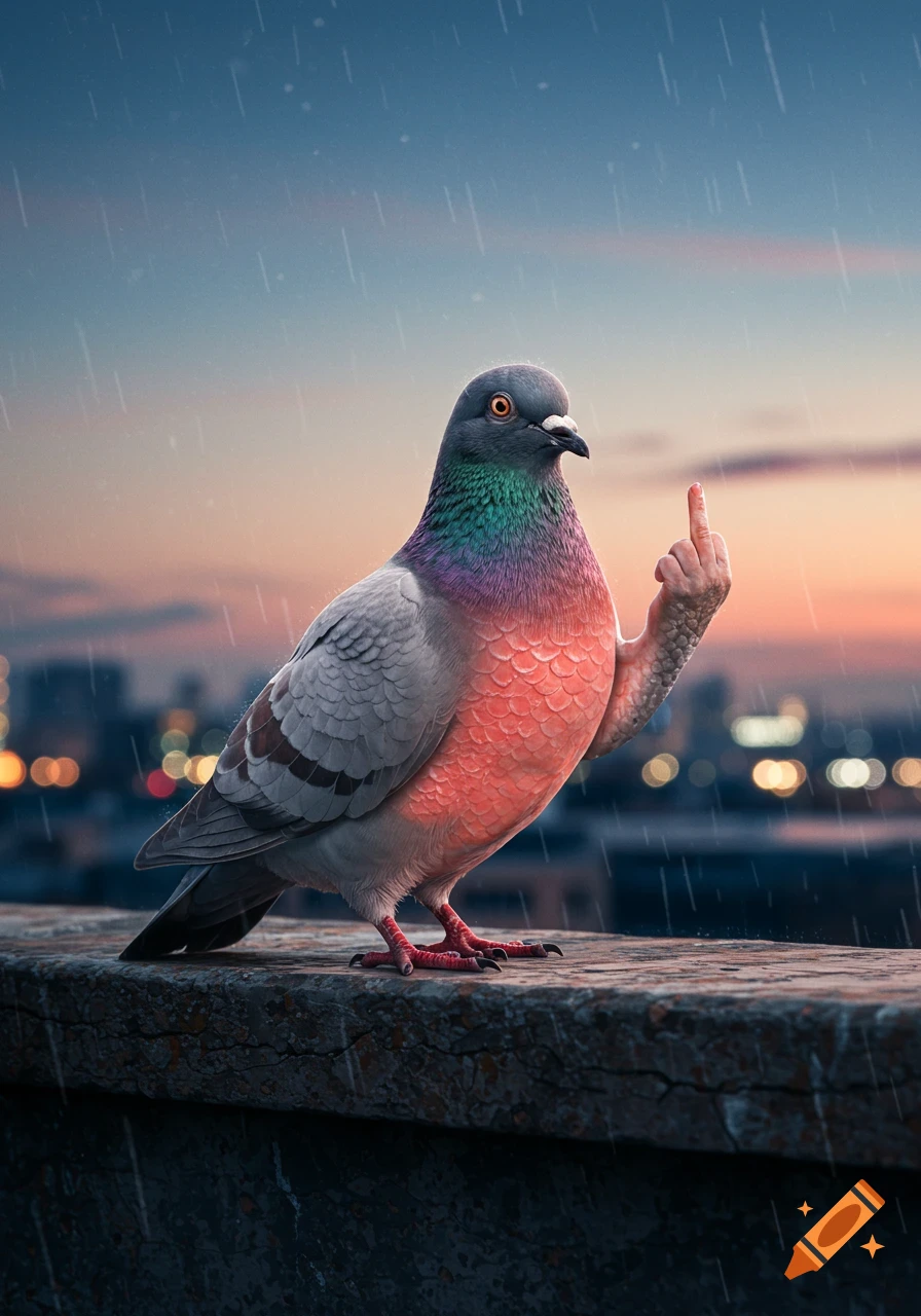 A photorealistic pigeon with a salmon-colored chest and human arm gestures the middle finger on a concrete ledge during a rainy sunset in an urban setting.