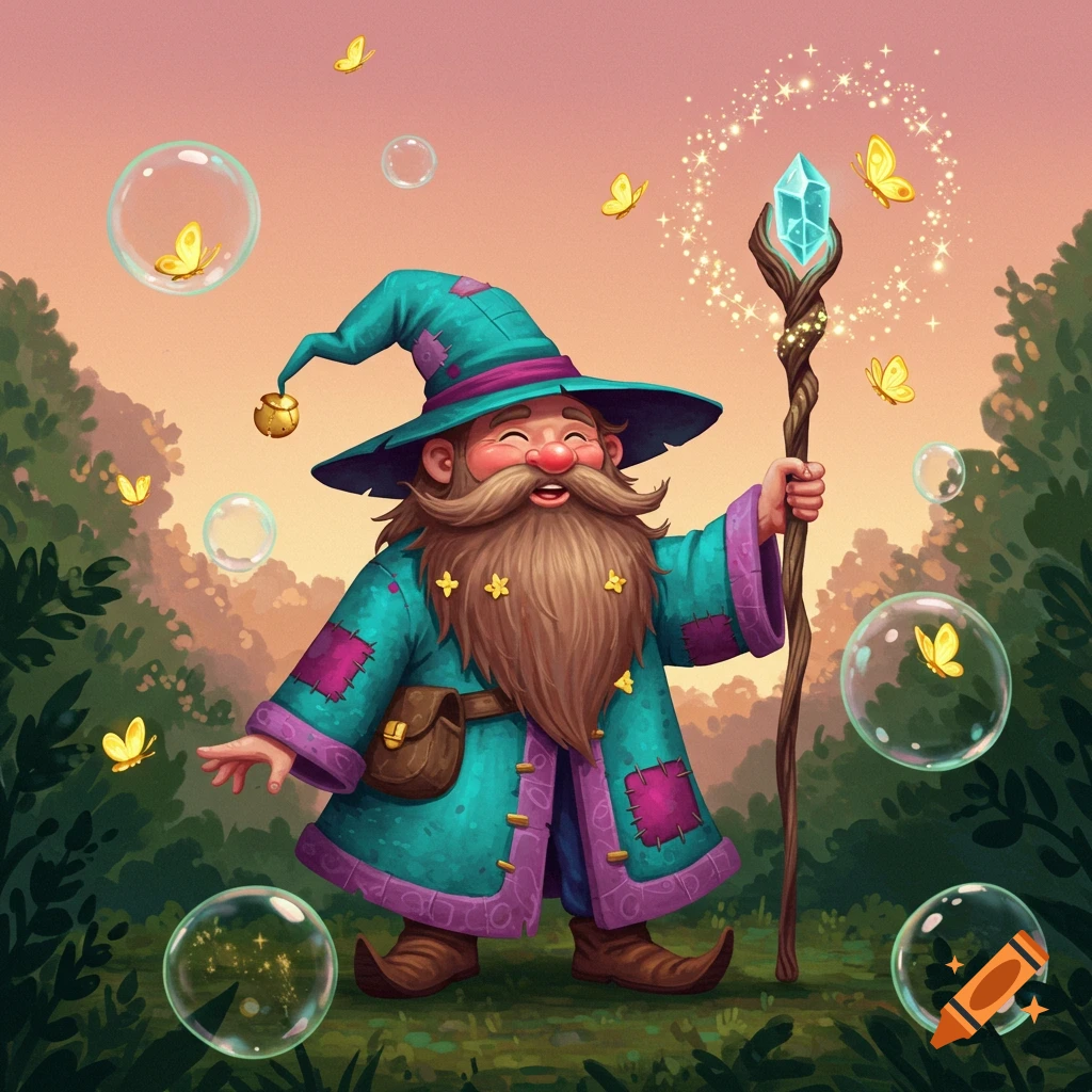 A smiling, bearded wizard in a blue and purple robe holds a glowing staff amidst a whimsical forest with bubbles and butterflies.