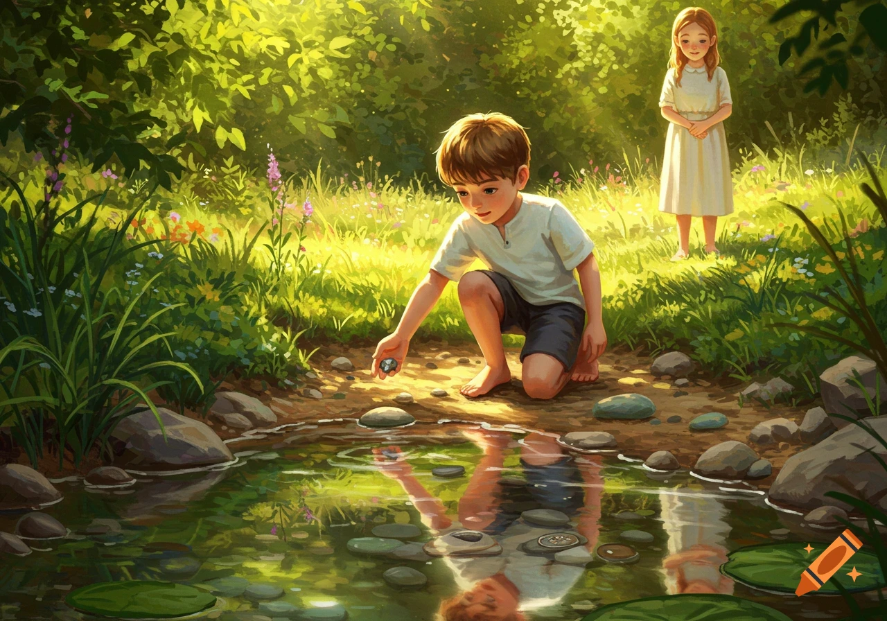A boy crouches by a sunlit forest stream, holding a pebble. A girl stands behind him, watching. Digital painting.