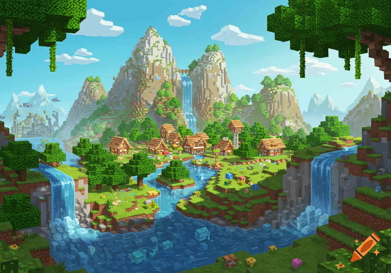 A vibrant, pixelated Minecraft-style village with wooden houses, mountains, rivers, and waterfalls under a blue sky.