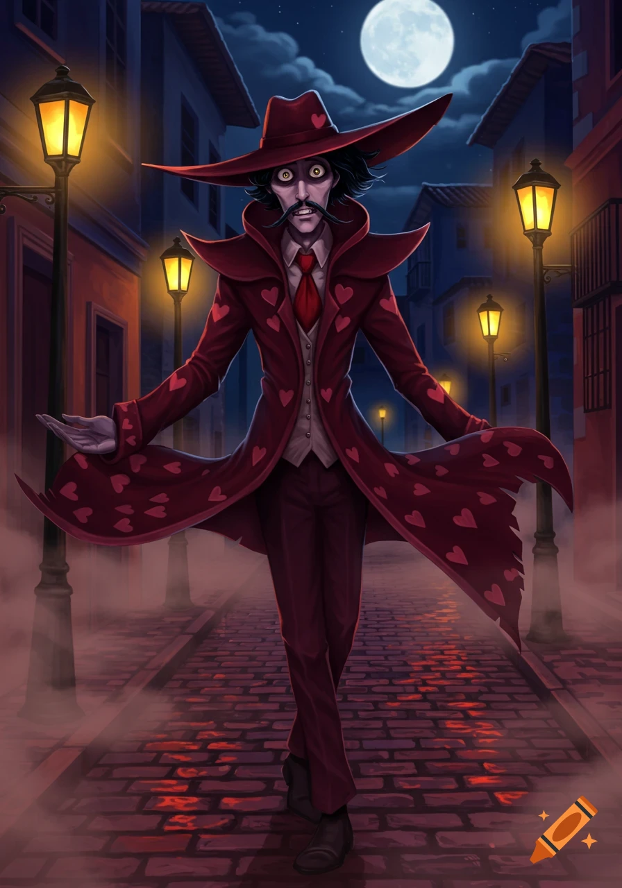 A stylized illustration of a man in a red suit with hearts and a wide-brimmed hat, walking on a foggy cobblestone street at night under a full moon.