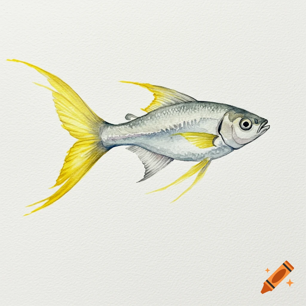 Watercolor painting of a slender gray fish with a bright yellow tail and fins on a white background.